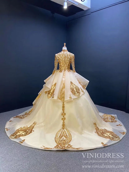 Modest Gold Long Sleeve Gown Wedding Dresses 67024 High Neck-Quinceanera Dresses 2025 -Viniodress-Ivory-Custom Size-
