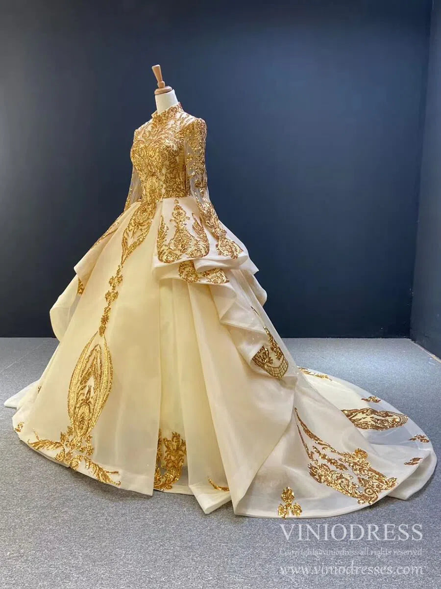 Modest Gold Long Sleeve Gown Wedding Dresses 67024 High Neck-Quinceanera Dresses 2025 -Viniodress-Ivory-Custom Size-