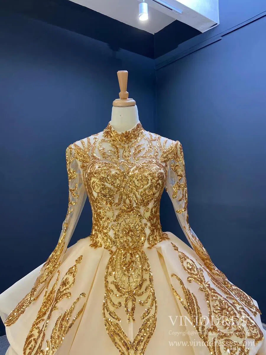 Modest Gold Long Sleeve Gown Wedding Dresses 67024 High Neck-Quinceanera Dresses 2025 -Viniodress-Ivory-Custom Size-