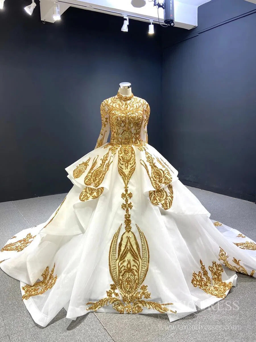 Modest Gold Long Sleeve Gown Wedding Dresses 67024 High Neck-Quinceanera Dresses 2025 -Viniodress-Ivory-Custom Size-
