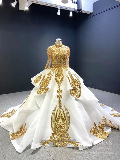 Modest Gold Long Sleeve Gown Wedding Dresses 67024 High Neck-Quinceanera Dresses 2025 -Viniodress-Ivory-Custom Size-