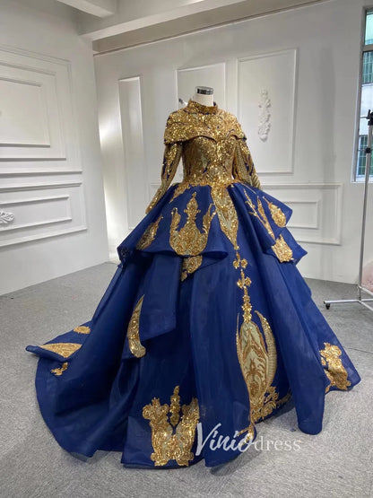Modest Gold Long Sleeve Gown Wedding Dresses 67024 High Neck-Quinceanera Dresses 2025 -Viniodress-Navy Blue-Custom Size-