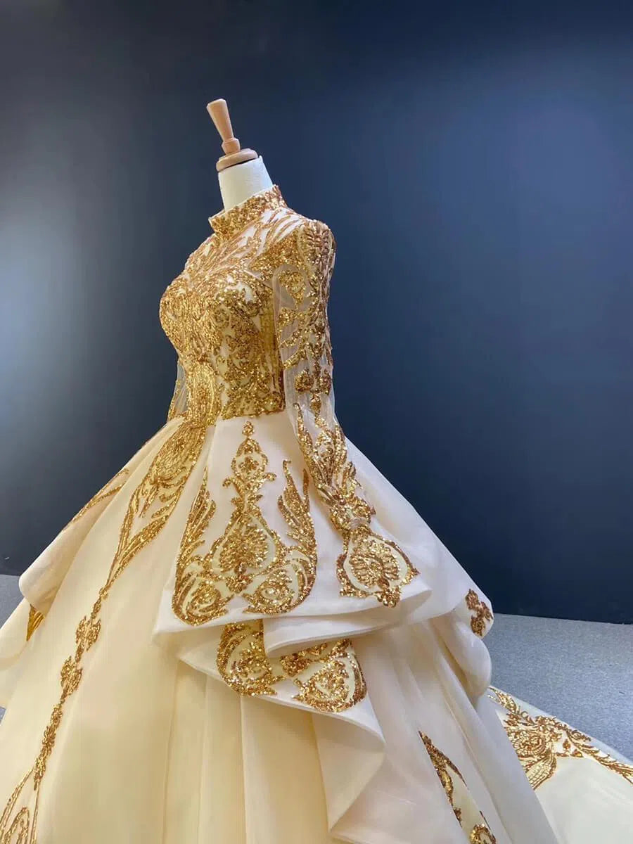 Modest Gold Long Sleeve Gown Wedding Dresses 67024 High Neck-Quinceanera Dresses 2025 -Viniodress-Ivory-Custom Size-