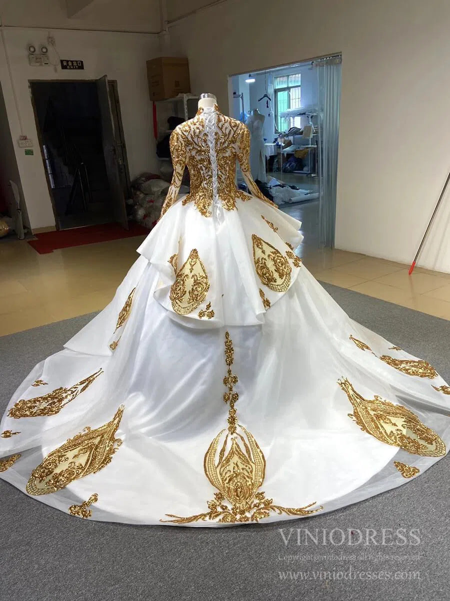 Quinceanera Dresses 2025 Modest Gold Long Sleeve Gown Wedding Dresses 67024 High Neck-plus size wedding dresses Viniodress-Ivory-Custom Size-