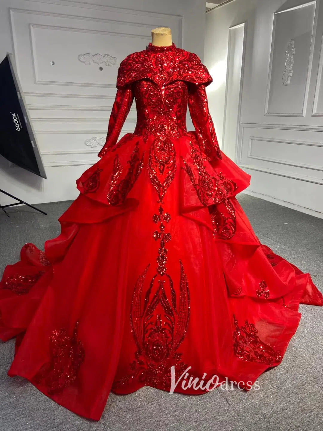 Quinceanera Dresses 2025 Modest Gold Long Sleeve Gown Wedding Dresses 67024 High Neck-plus size wedding dresses Viniodress-Red-Custom Size-