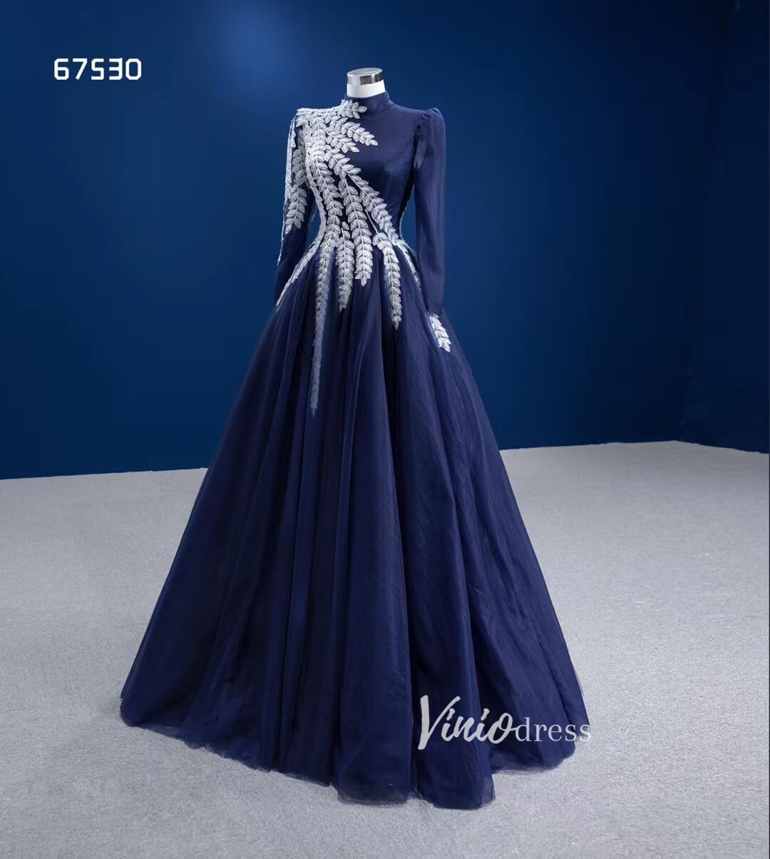 Modest High Neck Ball Gown Long Sleeve Formal Dresses 67530-prom dresses 2025 -Viniodress-Navy Blue-Custom Size-