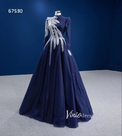 Modest High Neck Ball Gown Long Sleeve Formal Dresses 67530-prom dresses 2025 -Viniodress-Navy Blue-Custom Size-