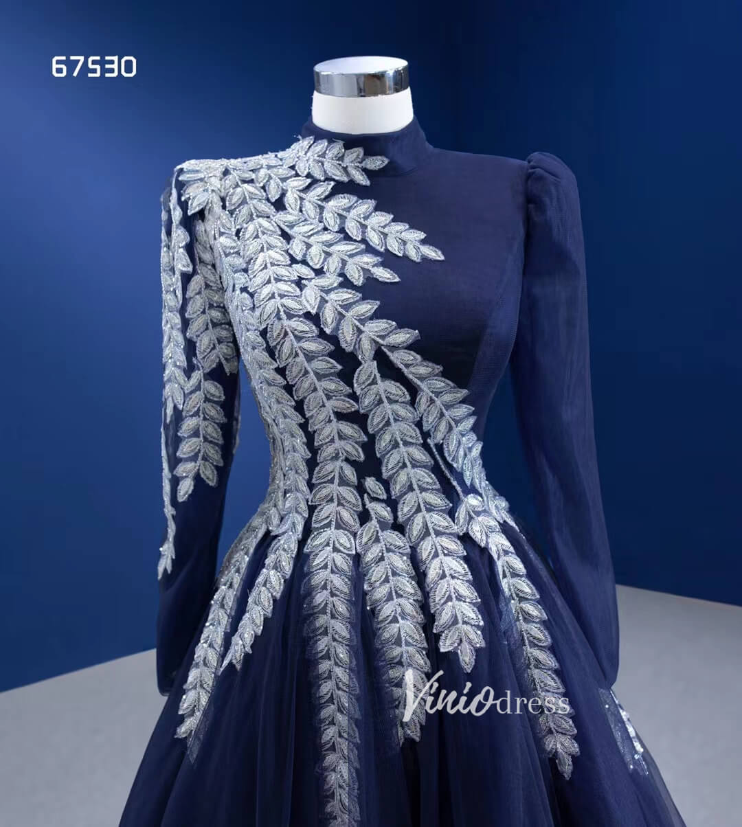 Modest High Neck Ball Gown Long Sleeve Formal Dresses 67530-prom dresses 2025 -Viniodress-Navy Blue-Custom Size-