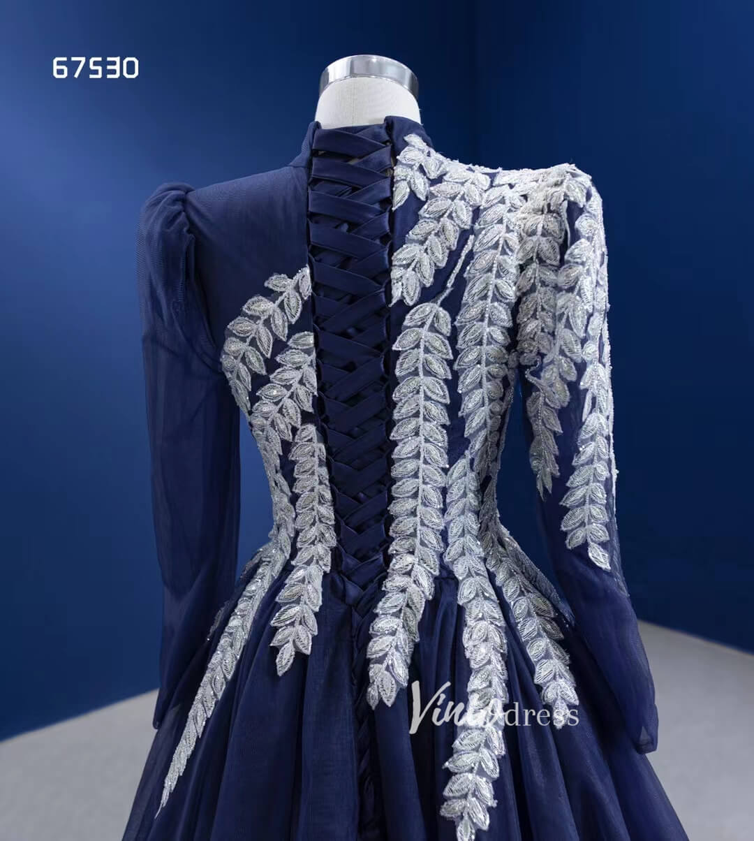 Modest High Neck Ball Gown Long Sleeve Formal Dresses 67530-prom dresses 2025 -Viniodress-Navy Blue-Custom Size-