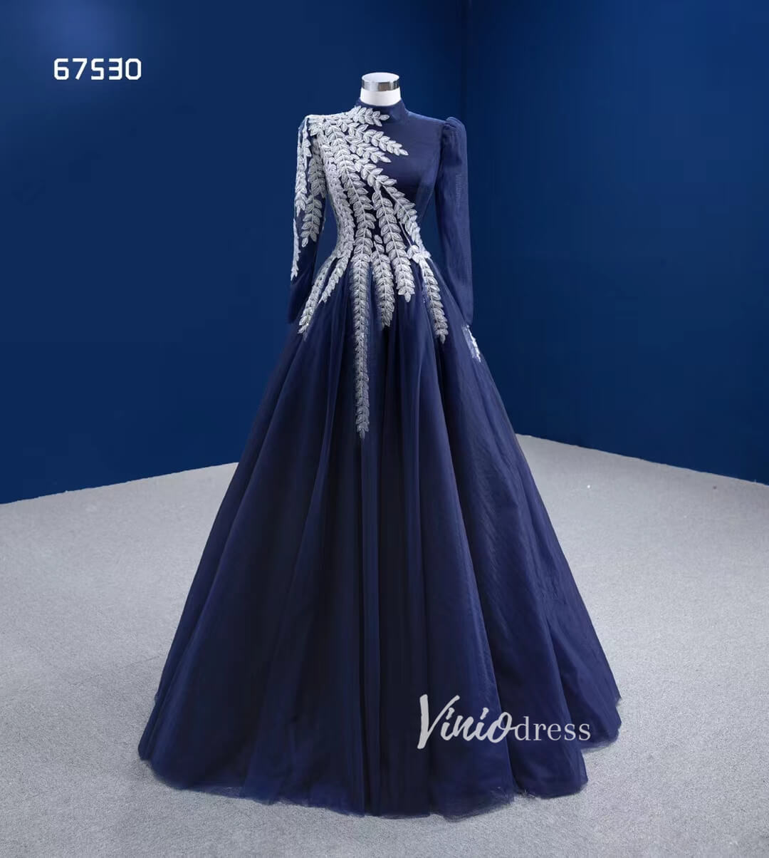 Prom Dress 2025 Modest High Neck Ball Gown Long Sleeve Formal Dresses 67530-unique prom dresses-Navy Blue-Custom Size-Viniodress