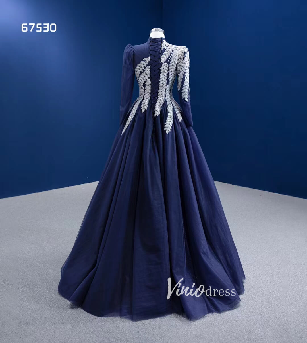 Prom Dress 2025 Modest High Neck Ball Gown Long Sleeve Formal Dresses 67530-unique prom dresses-Navy Blue-Custom Size-Viniodress