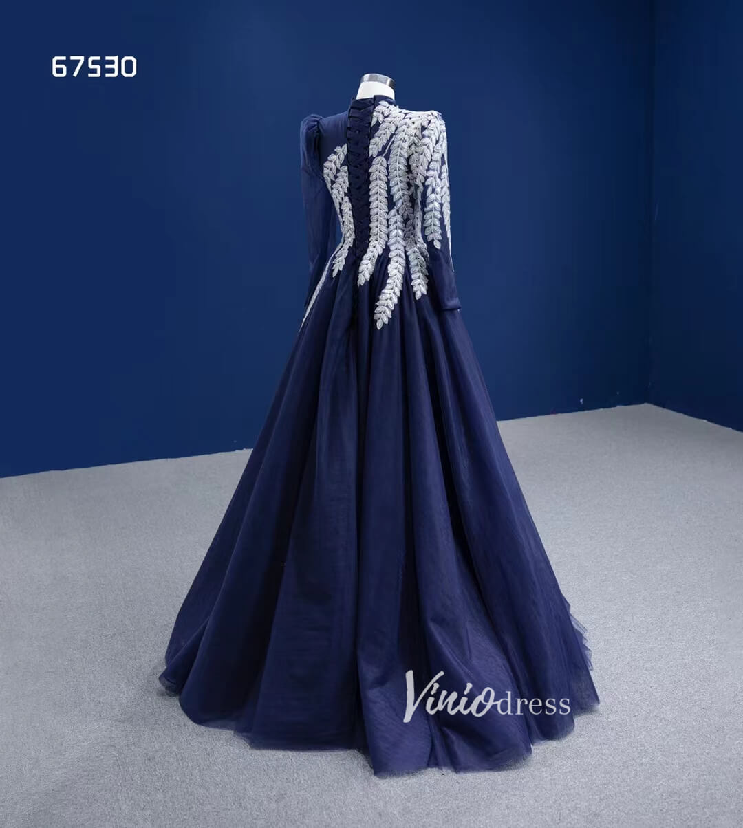 Prom Dress 2025 Modest High Neck Ball Gown Long Sleeve Formal Dresses 67530-unique prom dresses-Navy Blue-Custom Size-Viniodress