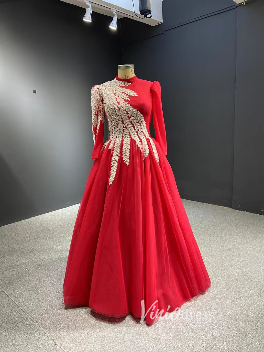 Prom Dress 2025 Modest High Neck Ball Gown Long Sleeve Formal Dresses 67530-unique prom dresses-Red-Custom Size-Viniodress