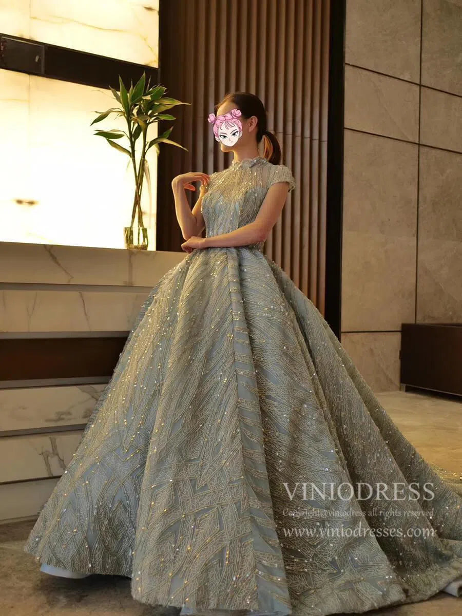 Modest High Neck Debut Gowns Cap Sleeve Sweet 15 Dresses 66981 viniodress-prom dresses 2025 -Viniodress-As Picture-Cap Sleeve-Custom Size