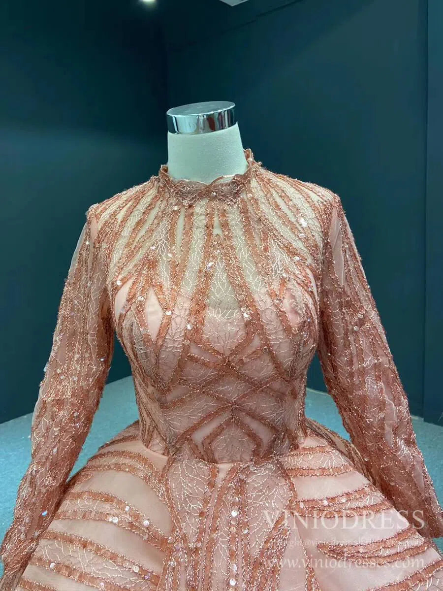 Modest High Neck Debut Gowns Cap Sleeve Sweet 15 Dresses 66981 viniodress-prom dresses 2025 -Viniodress-As Picture-Cap Sleeve-Custom Size