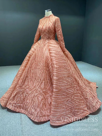 Modest High Neck Debut Gowns Cap Sleeve Sweet 15 Dresses 66981 viniodress-prom dresses 2025 -Viniodress-As Picture-Cap Sleeve-Custom Size