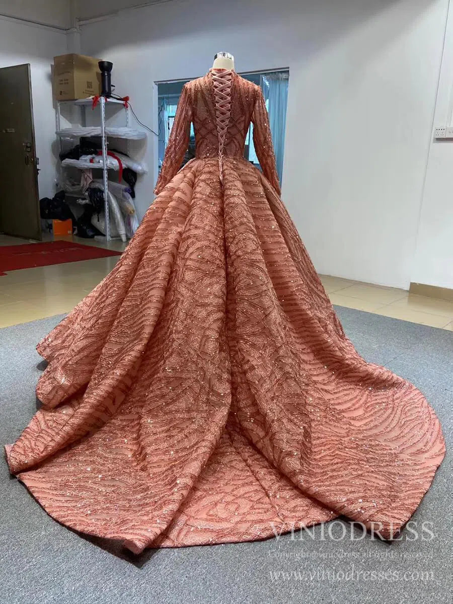 Modest High Neck Debut Gowns Cap Sleeve Sweet 15 Dresses 66981 viniodress-prom dresses 2025 -Viniodress-As Picture-Cap Sleeve-Custom Size