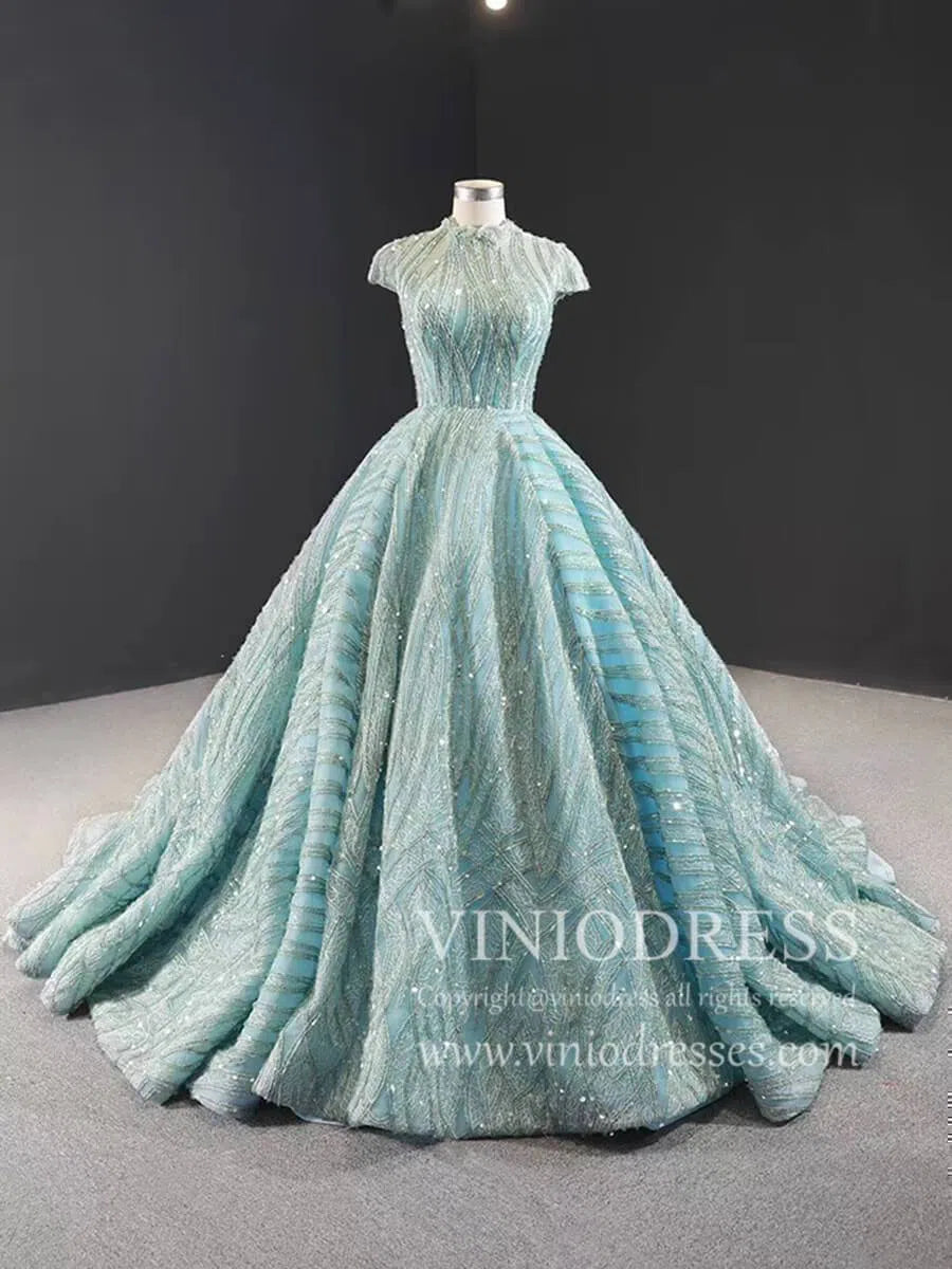 Modest High Neck Debut Gowns Cap Sleeve Sweet 15 Dresses 66981 viniodress-prom dresses 2025 -Viniodress-As Picture-Cap Sleeve-Custom Size