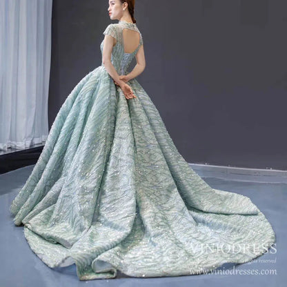 Modest High Neck Debut Gowns Cap Sleeve Sweet 15 Dresses 66981 viniodress-prom dresses 2025 -Viniodress-As Picture-Cap Sleeve-Custom Size