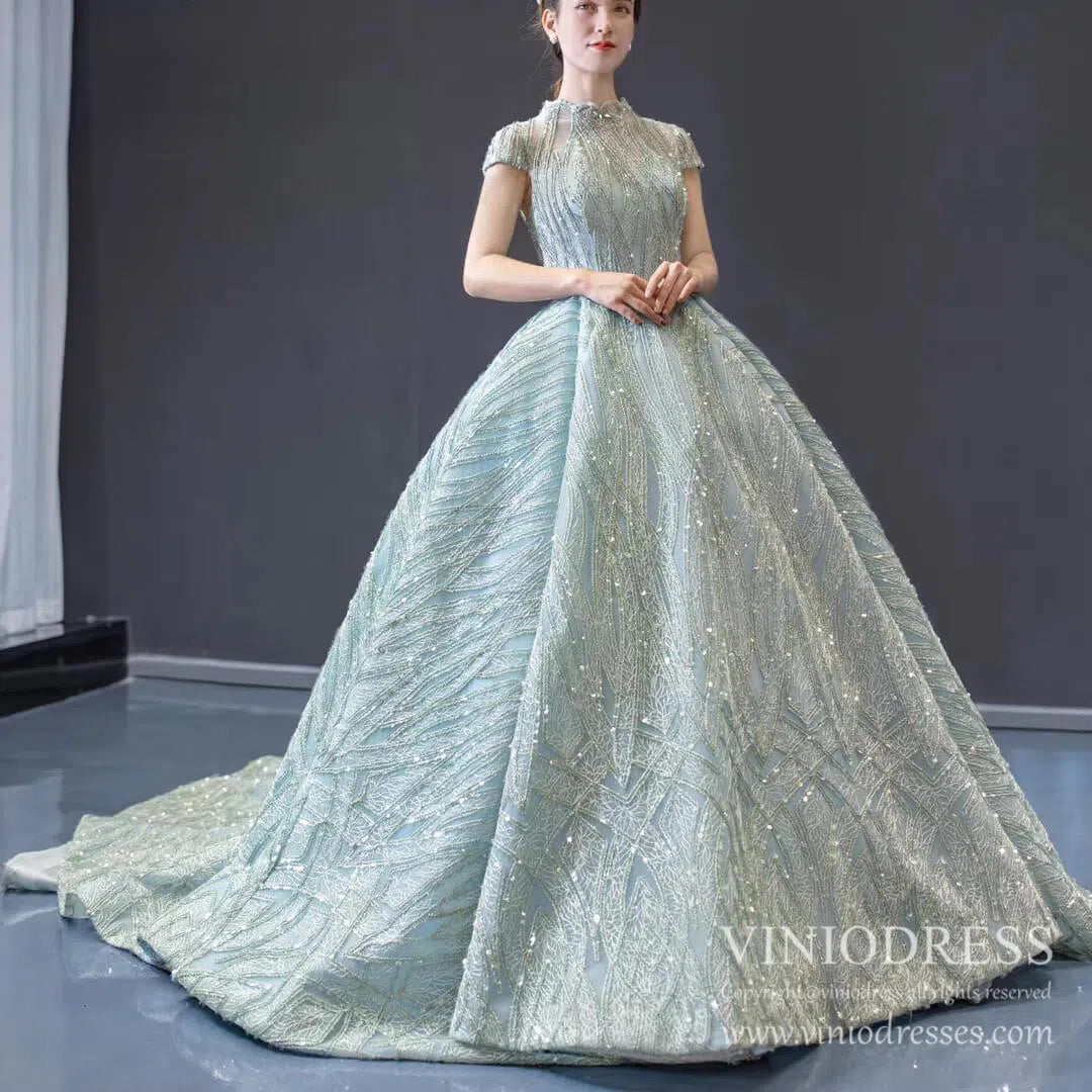 Modest High Neck Debut Gowns Cap Sleeve Sweet 15 Dresses 66981 viniodress-prom dresses 2025 -Viniodress-As Picture-Cap Sleeve-Custom Size