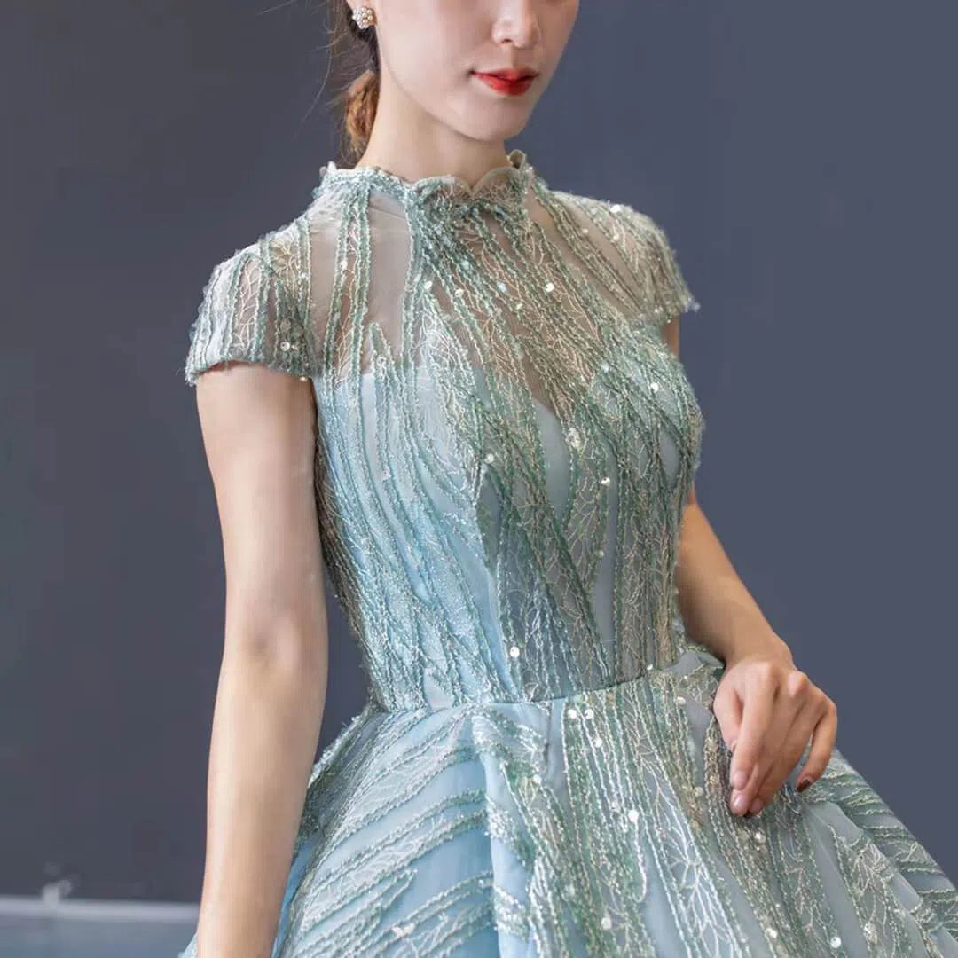 Modest High Neck Debut Gowns Cap Sleeve Sweet 15 Dresses 66981 viniodress-prom dresses 2025 -Viniodress-As Picture-Cap Sleeve-Custom Size