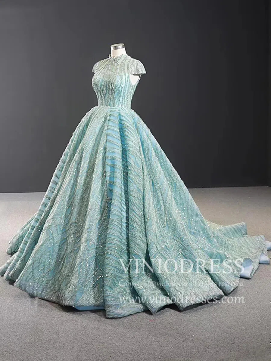 Modest High Neck Debut Gowns Cap Sleeve Sweet 15 Dresses 66981 viniodress-prom dresses 2025 -Viniodress-As Picture-Cap Sleeve-Custom Size