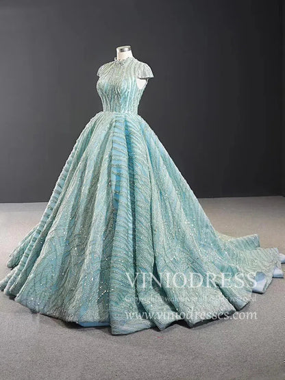 Modest High Neck Debut Gowns Cap Sleeve Sweet 15 Dresses 66981 viniodress-prom dresses 2025 -Viniodress-As Picture-Cap Sleeve-Custom Size