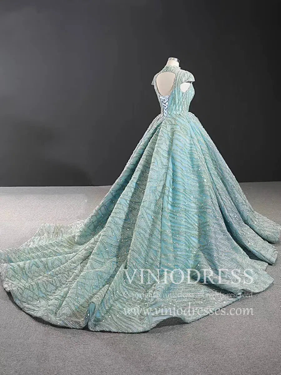 Modest High Neck Debut Gowns Cap Sleeve Sweet 15 Dresses 66981 viniodress-prom dresses 2025 -Viniodress-As Picture-Cap Sleeve-Custom Size