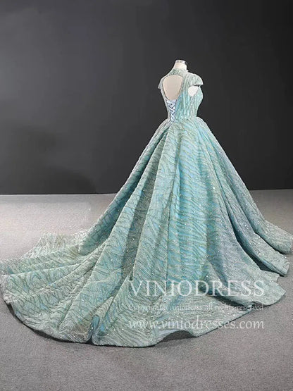 Modest High Neck Debut Gowns Cap Sleeve Sweet 15 Dresses 66981 viniodress-prom dresses 2025 -Viniodress-As Picture-Cap Sleeve-Custom Size