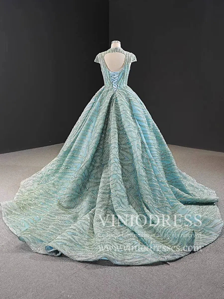 Modest High Neck Debut Gowns Cap Sleeve Sweet 15 Dresses 66981 viniodress-prom dresses 2025 -Viniodress-As Picture-Cap Sleeve-Custom Size