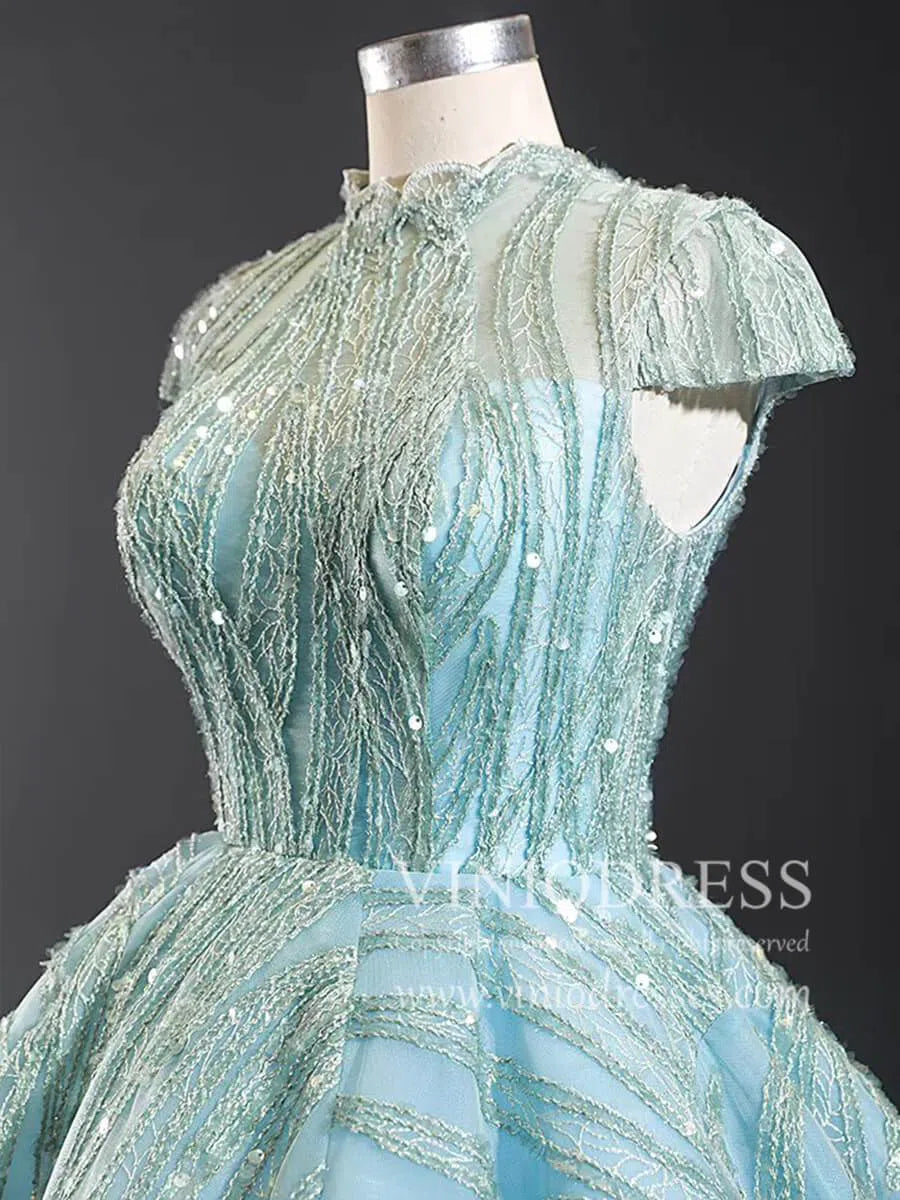 Modest High Neck Debut Gowns Cap Sleeve Sweet 15 Dresses 66981 viniodress-prom dresses 2025 -Viniodress-As Picture-Cap Sleeve-Custom Size