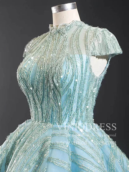 Modest High Neck Debut Gowns Cap Sleeve Sweet 15 Dresses 66981 viniodress-prom dresses 2025 -Viniodress-As Picture-Cap Sleeve-Custom Size