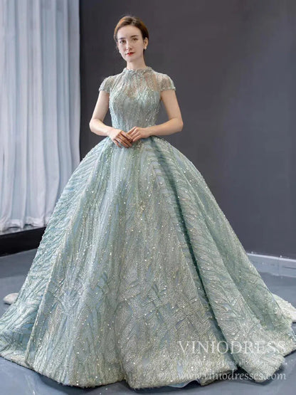 Modest High Neck Debut Gowns Cap Sleeve Sweet 15 Dresses 66981 viniodress-prom dresses 2025 -Viniodress-As Picture-Cap Sleeve-Custom Size