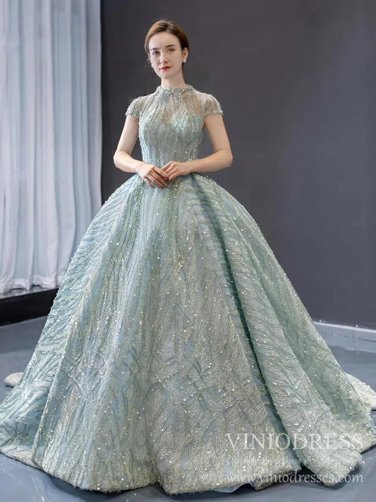 Modest High Neck Debut Gowns Cap Sleeve Sweet 15 Dresses 66981 viniodress-prom dresses 2025 -Viniodress-As Picture-Cap Sleeve-Custom Size