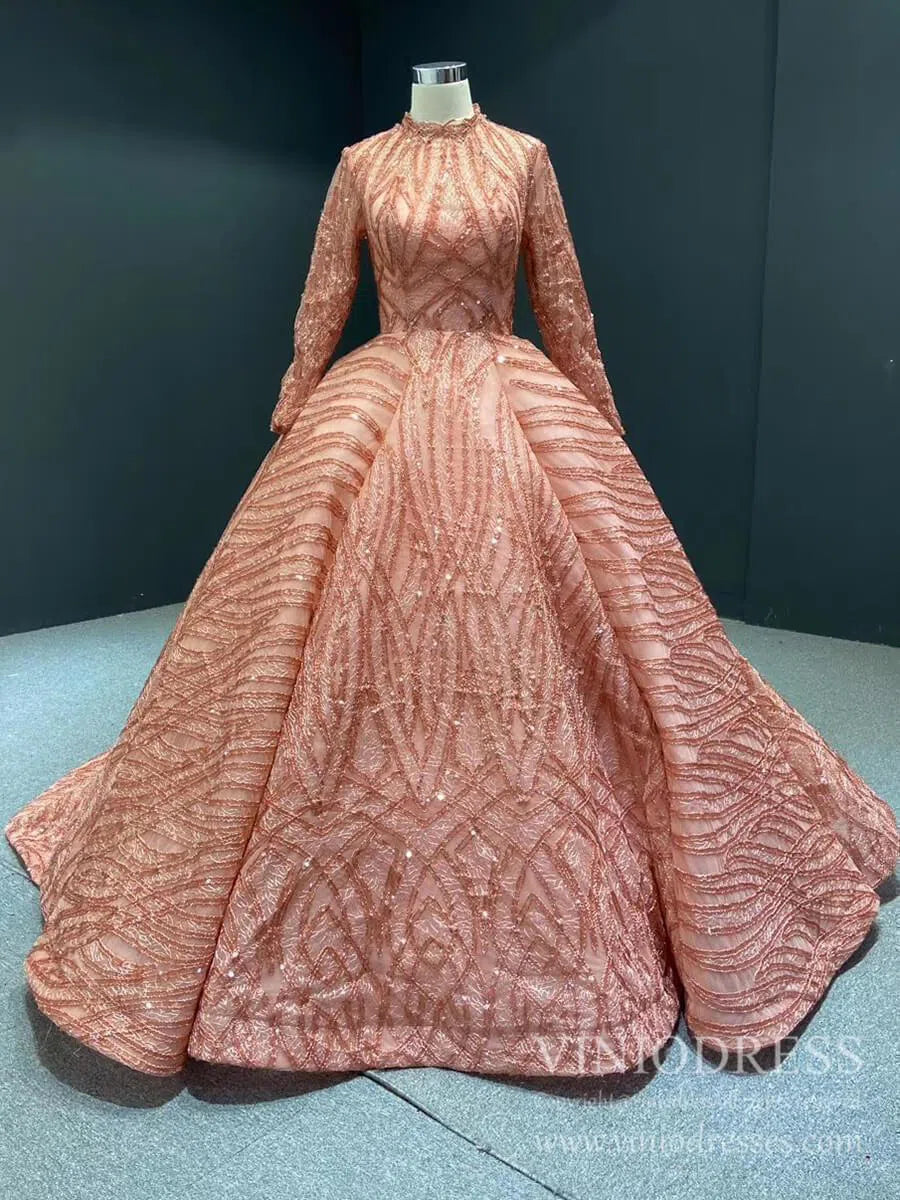 Modest High Neck Debut Gowns Cap Sleeve Sweet 15 Dresses 66981 viniodress-prom dresses 2025 -Viniodress-Peach-Cap Sleeve-Custom Size