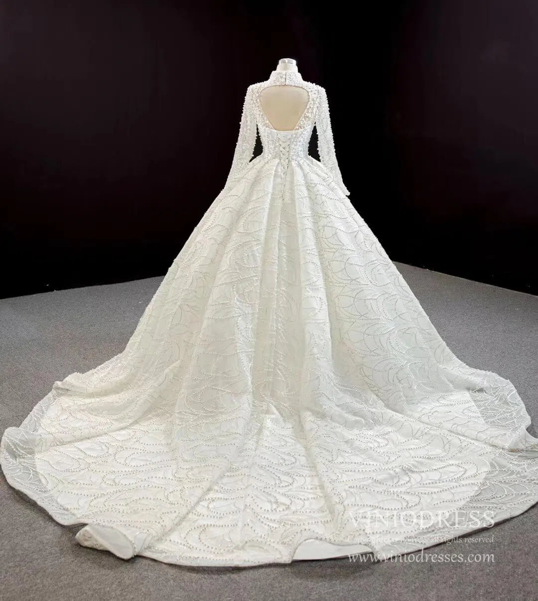 Modest High Neck Long Sleeve Pearl Wedding Dresses Open Back VW1757-wedding dresses 2025 -Viniodress-Ivory-Custom Size-