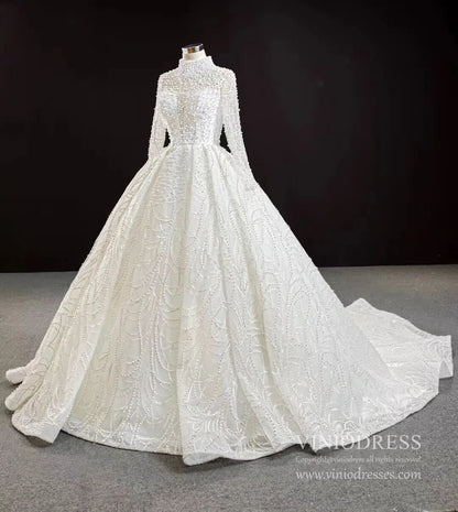 Modest High Neck Long Sleeve Pearl Wedding Dresses Open Back VW1757-wedding dresses 2025 -Viniodress-Ivory-Custom Size-