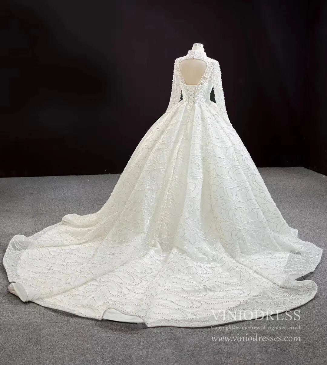 Modest High Neck Long Sleeve Pearl Wedding Dresses Open Back VW1757-wedding dresses 2025 -Viniodress-Ivory-Custom Size-