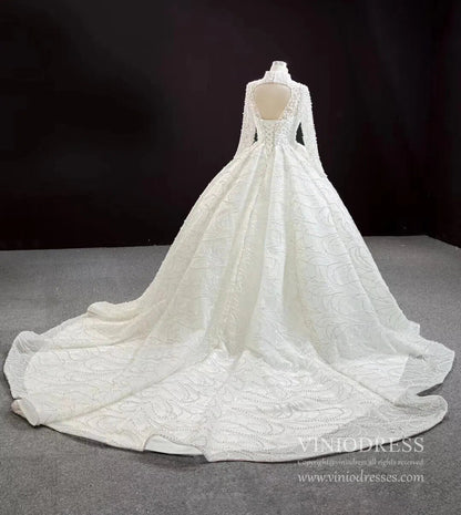 Modest High Neck Long Sleeve Pearl Wedding Dresses Open Back VW1757-wedding dresses 2025 -Viniodress-Ivory-Custom Size-