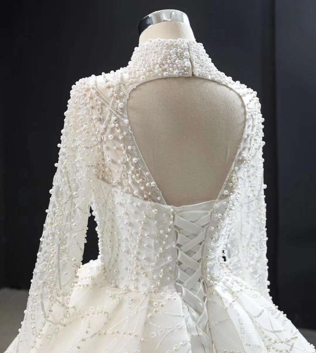 Modest High Neck Long Sleeve Pearl Wedding Dresses Open Back VW1757-wedding dresses 2025 -Viniodress-Ivory-Custom Size-