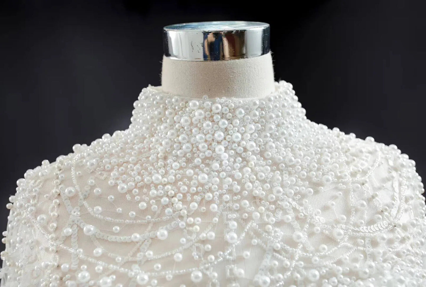 Modest High Neck Long Sleeve Pearl Wedding Dresses Open Back VW1757-wedding dresses 2025 -Viniodress-Ivory-Custom Size-