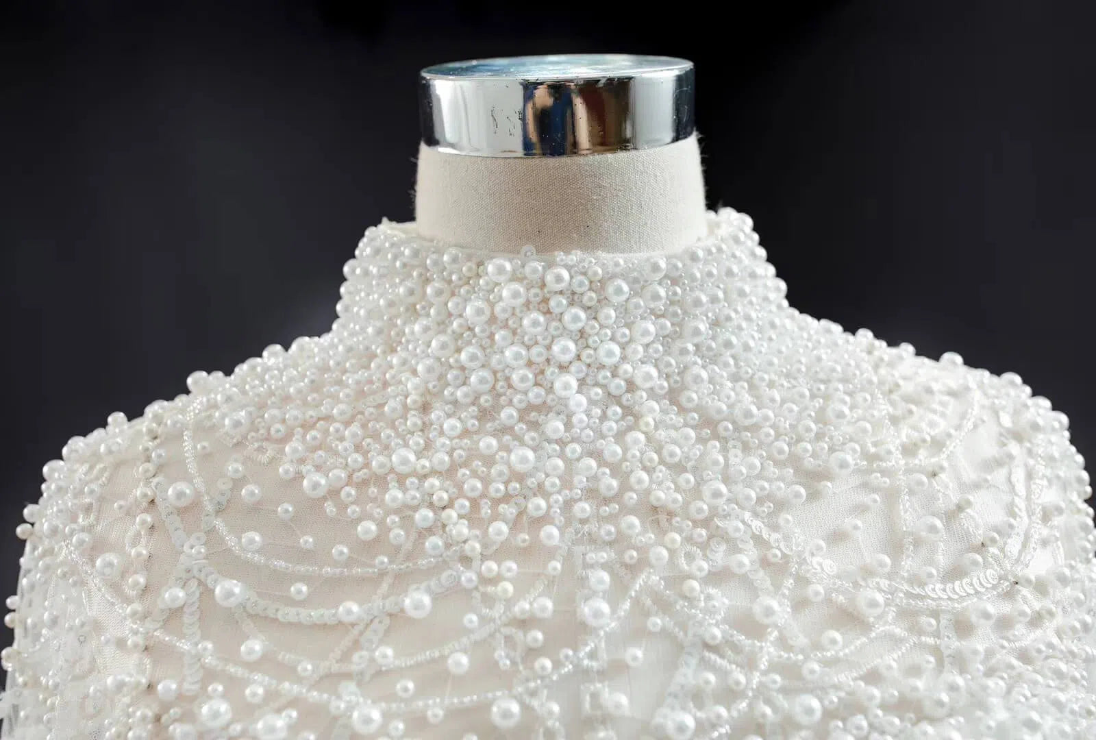 Modest High Neck Long Sleeve Pearl Wedding Dresses Open Back VW1757-wedding dresses 2025 -Viniodress-Ivory-Custom Size-