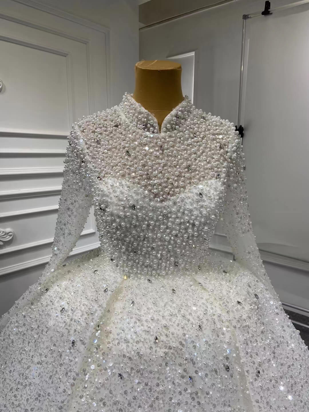 Modest High Neck Pearl Wedding Dresses with Sleeves 67265 VINIODRESS-wedding dresses 2025 -Viniodress-Ivory-Custom Size-