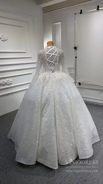 Modest High Neck Pearl Wedding Dresses with Sleeves 67265 VINIODRESS-wedding dresses 2025 -Viniodress-Ivory-Custom Size-