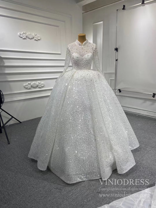 Modest High Neck Pearl Wedding Dresses with Sleeves 67265 VINIODRESS-wedding dresses 2025 -Viniodress-Ivory-Custom Size-