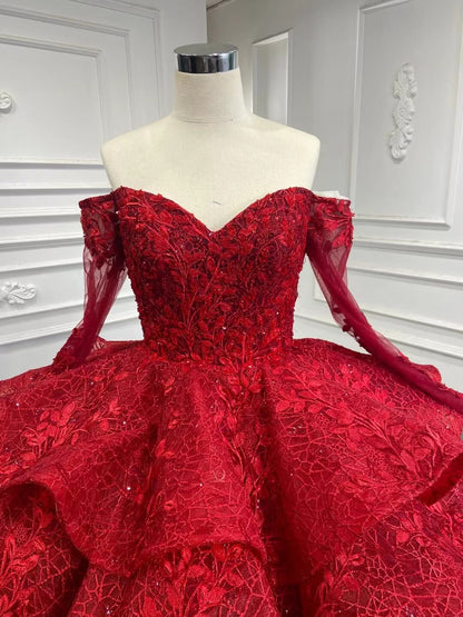 Modest High Neck Red Wedding Dress Long Sleeve Layered Ball Gown 67498-Quinceanera Dresses 2025 -Viniodress-Red-Custom Size-
