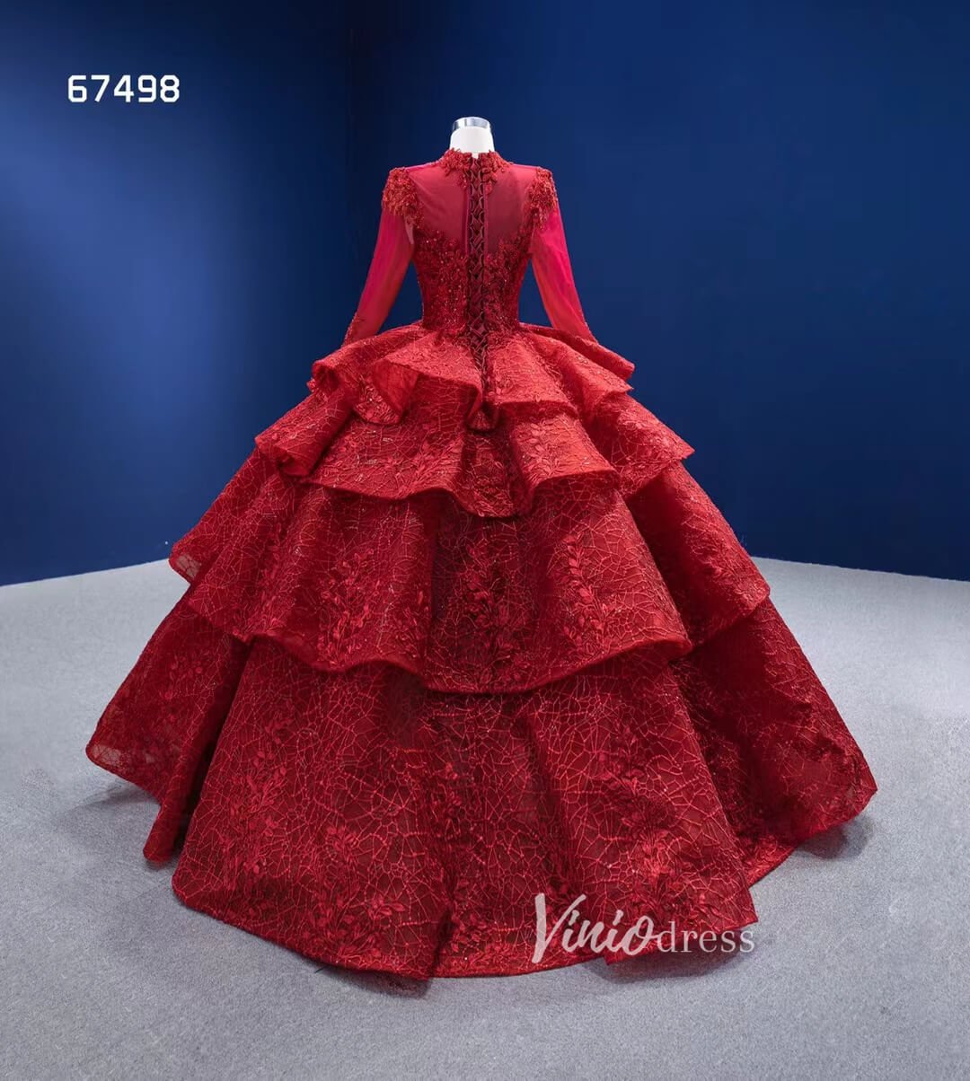 Modest High Neck Red Wedding Dress Long Sleeve Layered Ball Gown 67498-Quinceanera Dresses 2025 -Viniodress-Red-Custom Size-