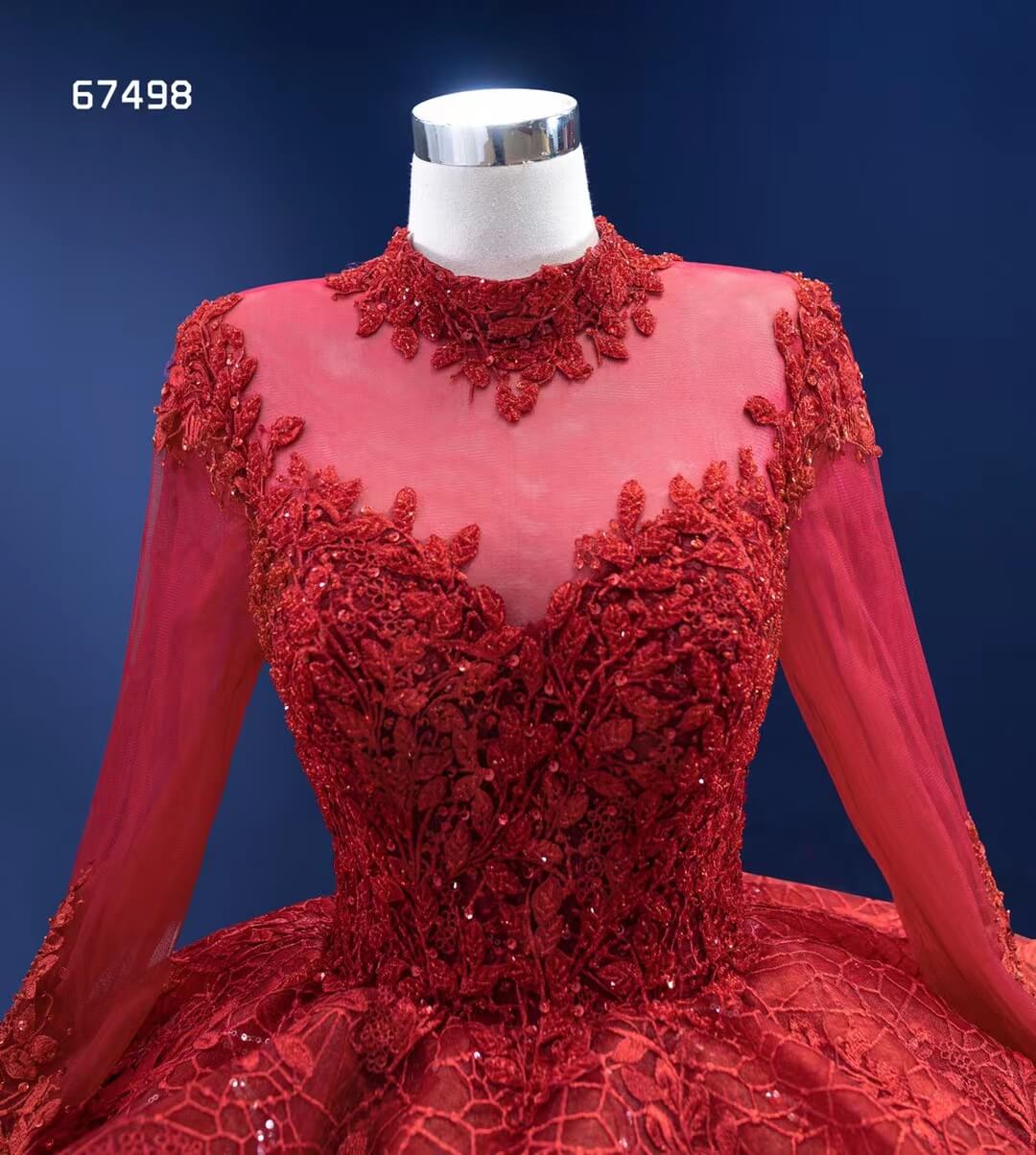 Modest High Neck Red Wedding Dress Long Sleeve Layered Ball Gown 67498-Quinceanera Dresses 2025 -Viniodress-Red-Custom Size-