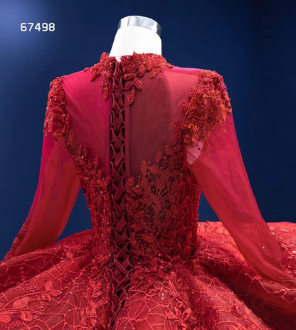 Modest High Neck Red Wedding Dress Long Sleeve Layered Ball Gown 67498-Quinceanera Dresses 2025 -Viniodress-Red-Custom Size-