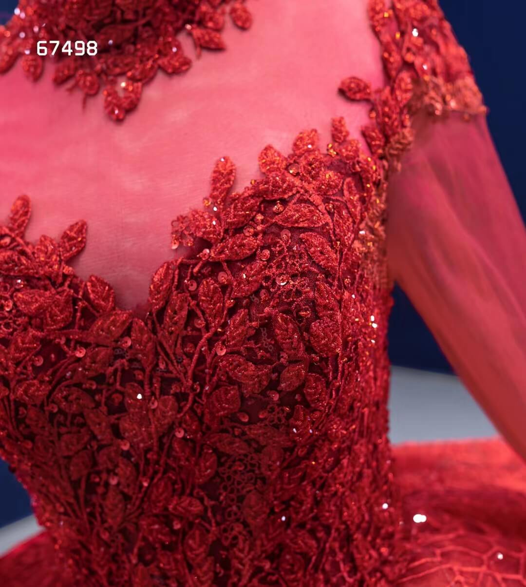 Modest High Neck Red Wedding Dress Long Sleeve Layered Ball Gown 67498-Quinceanera Dresses 2025 -Viniodress-Red-Custom Size-